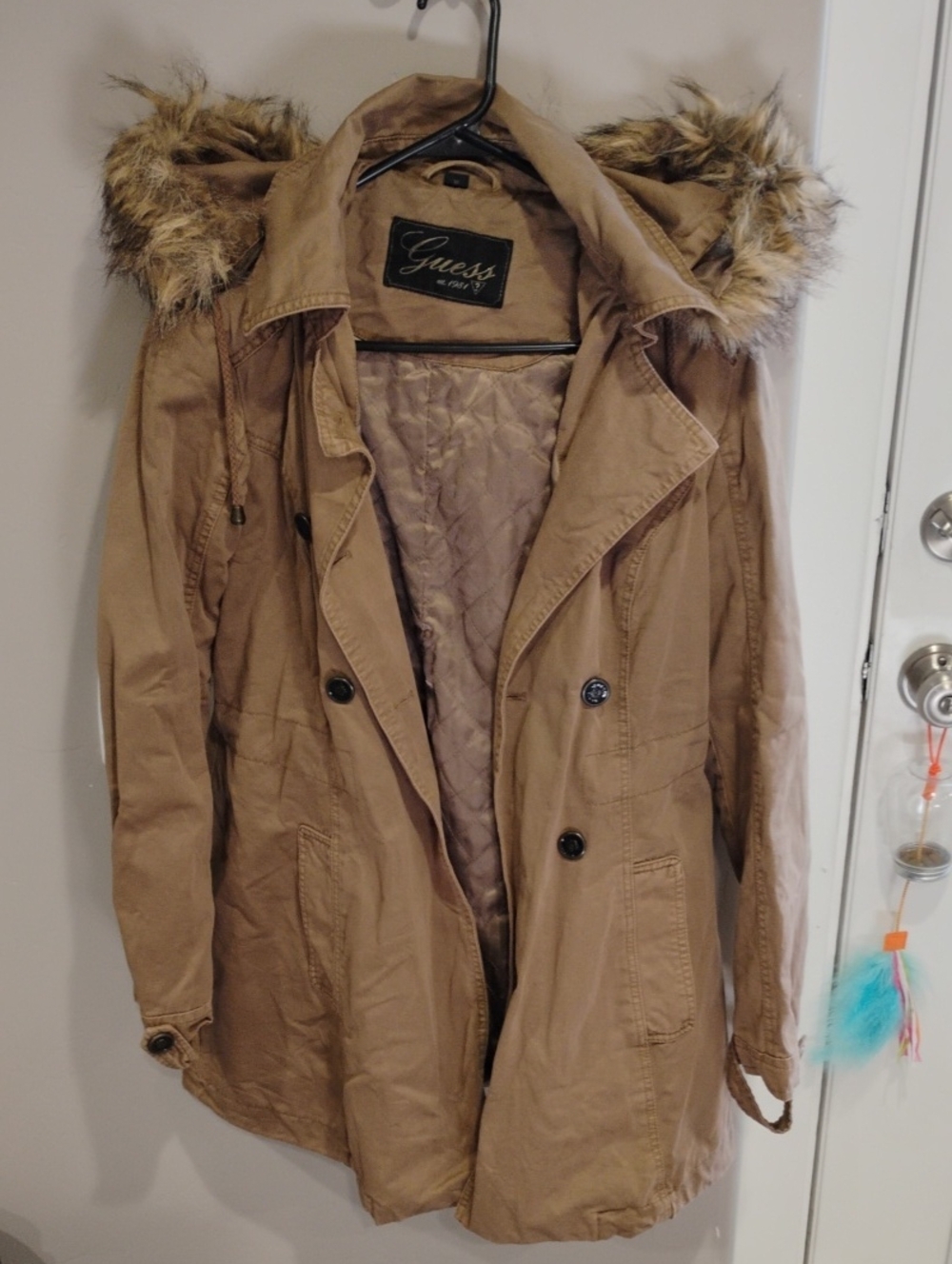 GUESS Tan Faux-Fur Trim Hooded Jacket